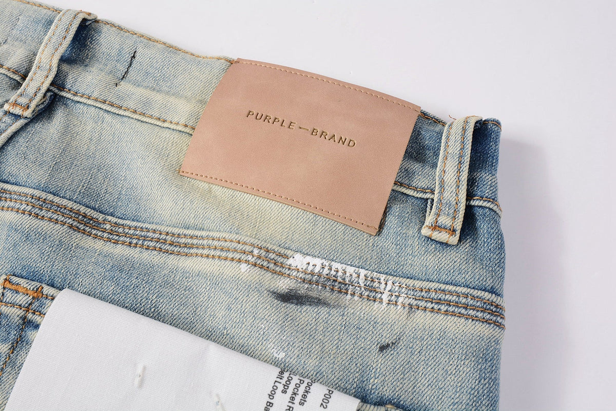 PURPLE Men Streetwear Skinny Jeans Light Blue Wash with White Paint Splatter and Distressed Rips 9007