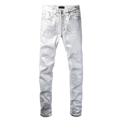 PURPLE Men Streetwear Jeans Metallic Silver Coated Finish with Futuristic Shine Skinny Fit Statement 9110