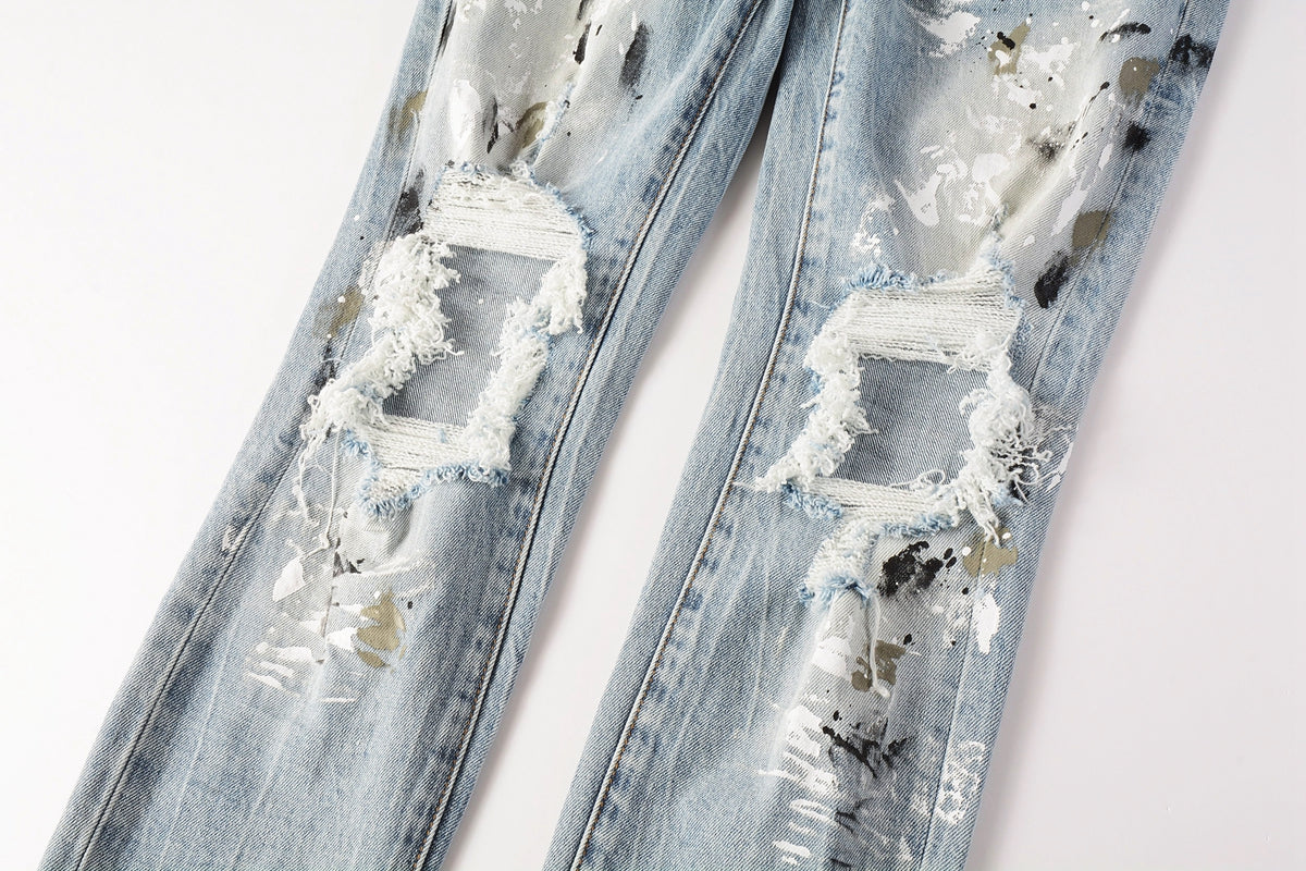 PURPLE Men Streetwear Jeans Light Blue Paint Splash Distressed Ripped skinny 9100