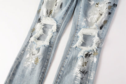 PURPLE Men Streetwear Jeans Light Blue Paint Splash Distressed Ripped skinny 9100