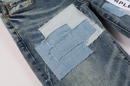 PURPLE Men Streetwear Skinny Jeans Light Blue Wash with Patchwork Distressed Details 9015