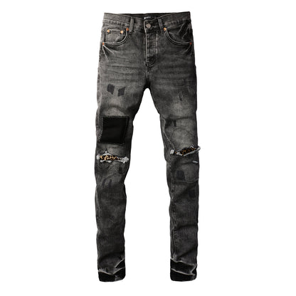 PURPLE Men Classic Streetwear Jeans Distressed Grey Ripped skinny Fit 9103