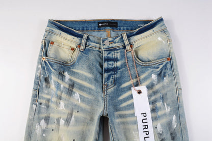 PURPLE Men Streetwear Skinny Jeans Light Blue Wash with White Paint Splatter and Distressed Rips 9007