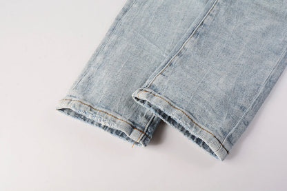 PURPLE Men Streetwear Skinny Jeans Light Blue Wash with Knee Ripped Details and Black Lining 9010