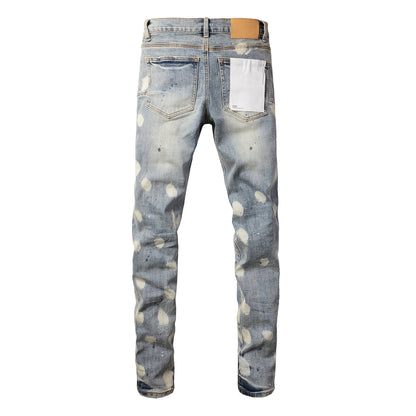 PURPLE Men Streetwear Jeans Distressed Light Blue Paint Dot Ripped skinny 9092