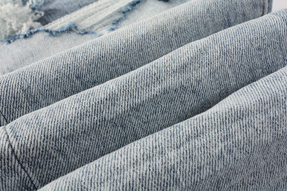 PURPLE Men Streetwear Skinny Jeans Light Blue Wash with Knee Ripped Details and Black Lining 9010