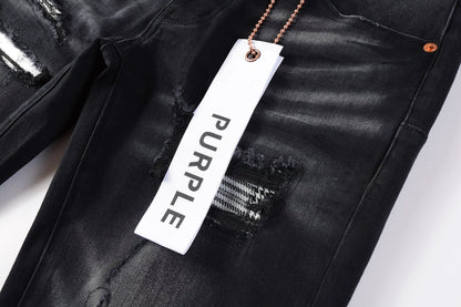 PURPLE Men Streetwear Skinny Jeans Black Wash with Distressed Rips, Checkered Patches and White Paint Splatter 9001
