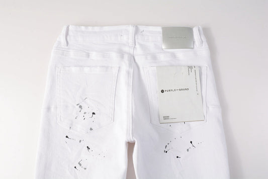 PURPLE Men Streetwear Skinny Jeans White Wash with Black Paint Splatter and Distressed Rip 9021