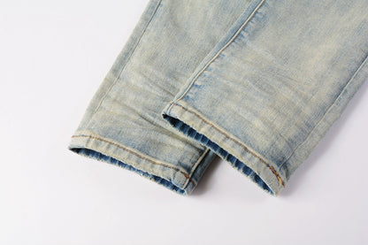 PURPLE Men Streetwear Skinny Jeans Light Blue Wash with White Paint Splatter and Distressed Rips 9007