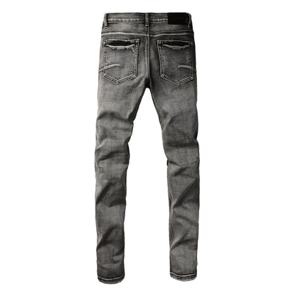 PURPLE Men Classic Streetwear Jeans Distressed Black Grey Ripped skinny 9068
