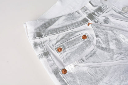 PURPLE Men Streetwear Jeans Metallic Silver Coated Finish with Futuristic Shine Skinny Fit Statement 9110