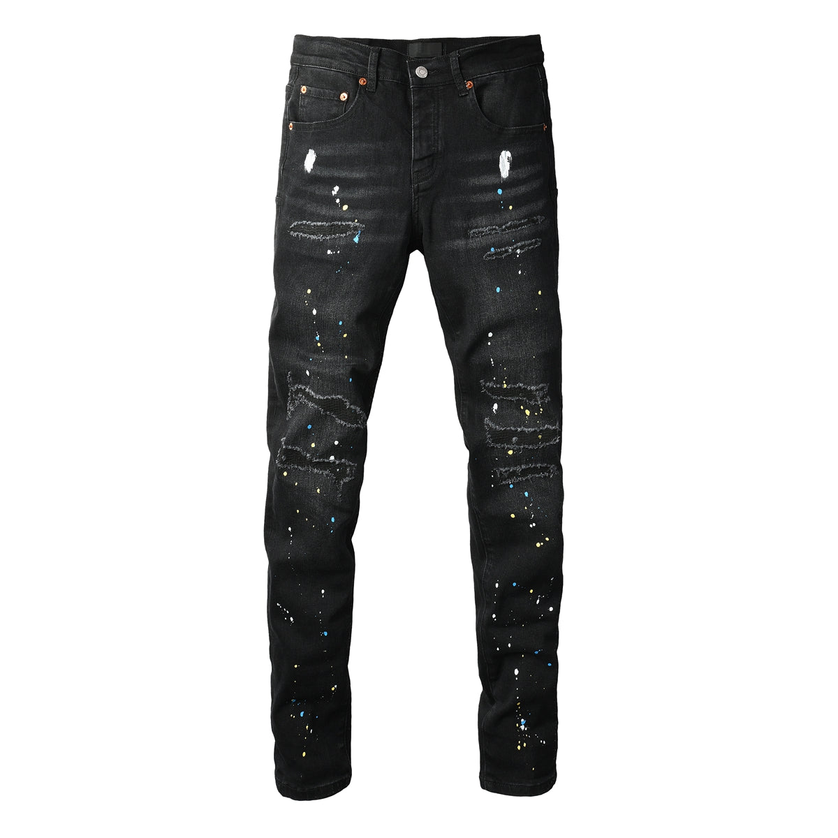 PURPLE Men Streetwear Skinny Jeans Black Wash with Distressed Details and Multi - Color Paint Splash 9121