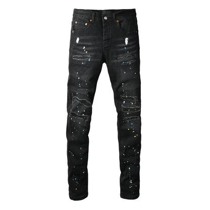 PURPLE Men Streetwear Skinny Jeans Black Wash with Distressed Details and Multi - Color Paint Splash 9121