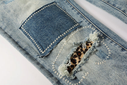 PURPLE Men Streetwear Jeans Distressed Light Blue Patch Leopard Ripped skinny 9095