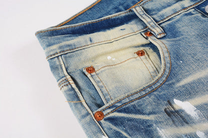 PURPLE Men Streetwear Skinny Jeans Light Blue Wash with White Paint Splatter and Distressed Rips 9007