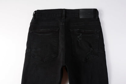 PURPLE Men Distressed Black Skinny Jeans with Heavy Ripped Design and Grunge Streetwear Vibe 9108