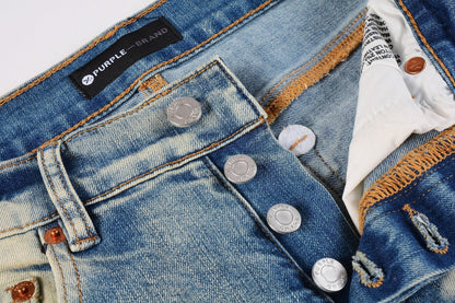 PURPLE Men Streetwear Skinny Jeans Light Blue Wash with White Paint Splatter and Distressed Rips 9007
