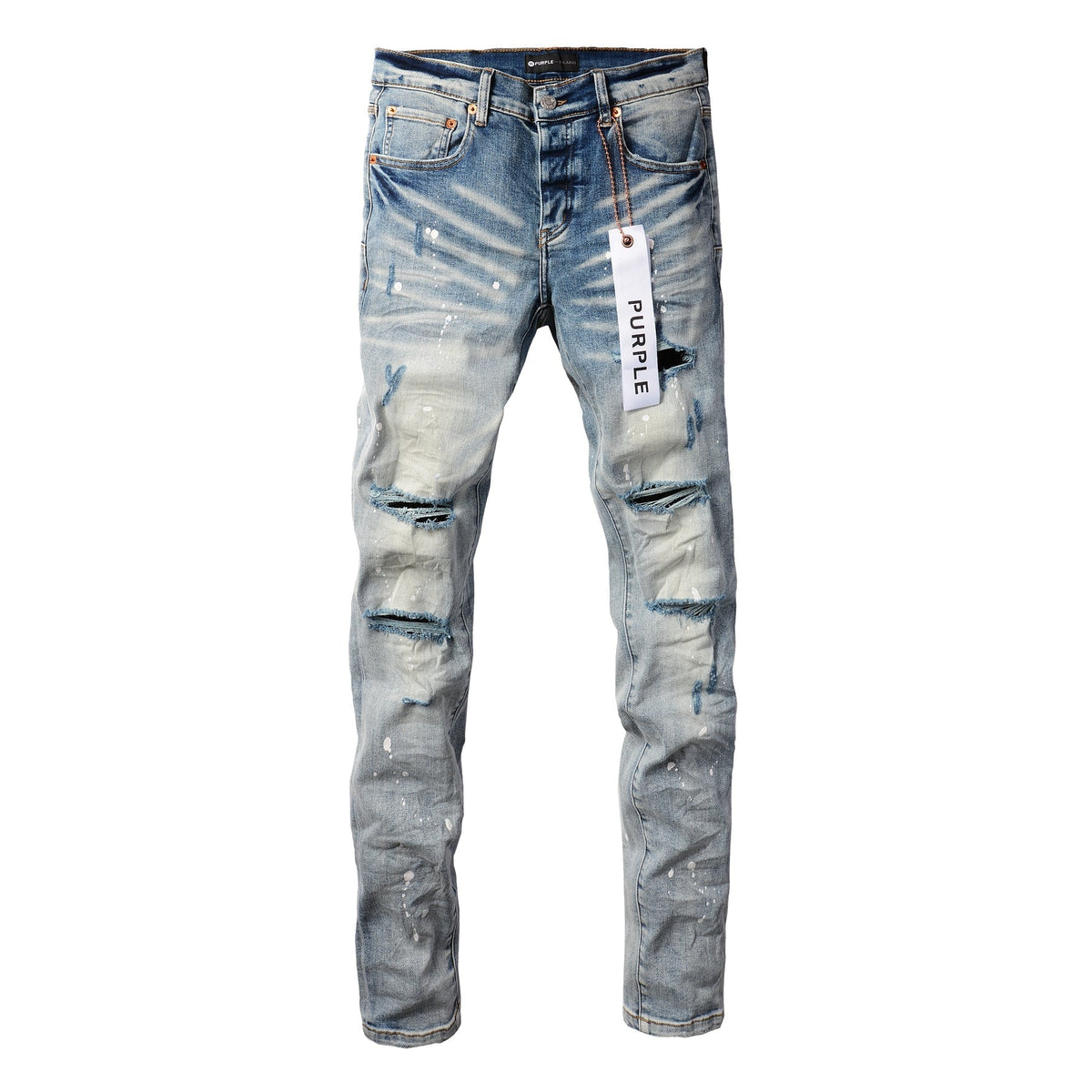 PURPLE Men Streetwear Skinny Jeans Light Blue Wash with Heavy Distressed Rips and White Paint Splatter 9003