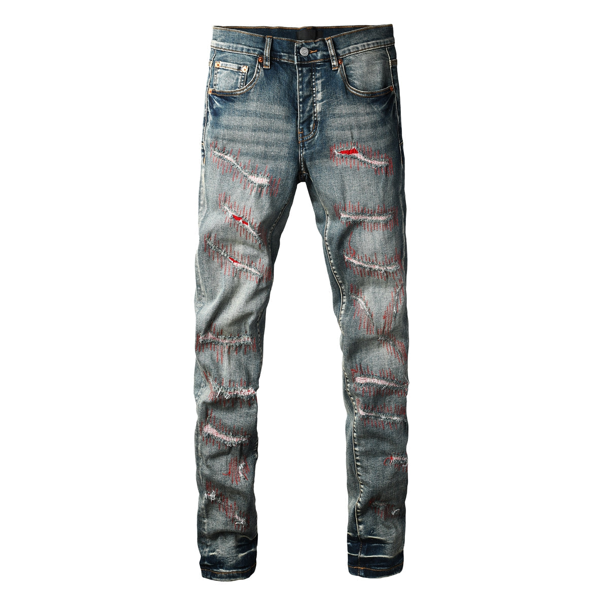 PURPLE Men Streetwear Skinny Jeans Light Blue Wash with Red - Patched Distressed Details 9114