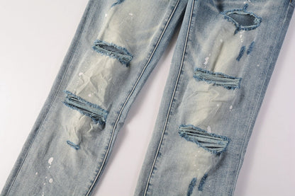 PURPLE Men Streetwear Skinny Jeans Light Blue Wash with Heavy Distressed Rips and White Paint Splatter 9003