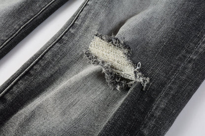 PURPLE Men Classic Streetwear Jeans Distressed Grey Ripped skinny Fit 9103
