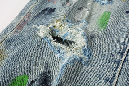 PURPLE Men Streetwear Skinny Jeans Light Blue Wash with Multi-Color Paint Splatter and Distressed Rips 9072