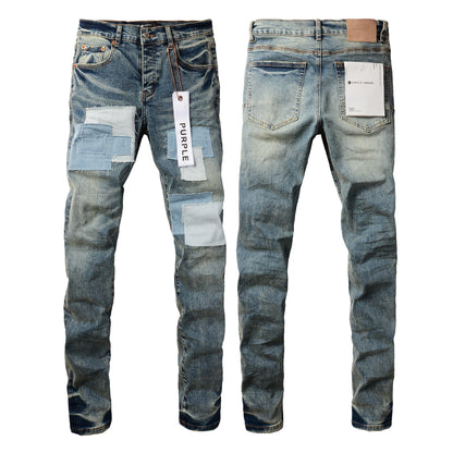 PURPLE Men Streetwear Skinny Jeans Light Blue Wash with Patchwork Distressed Details 9015