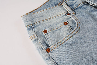 PURPLE Men Streetwear Skinny Jeans Light Blue Wash with Knee Ripped Details and Black Lining 9010