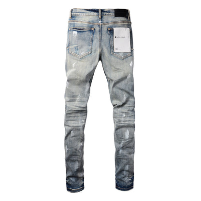 PURPLE Designer Women Purple High Street Purple Denim Black Long Mid Pants Hole for Men Purple Jeans 9043