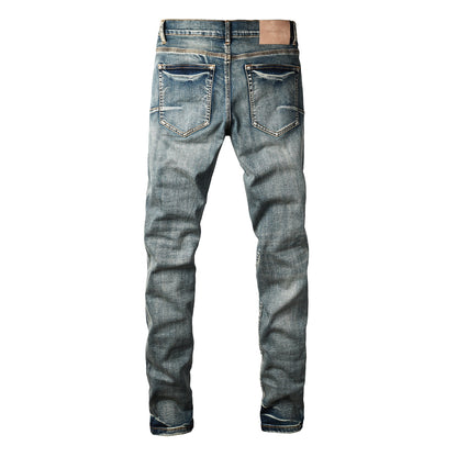 PURPLE Men Streetwear Skinny Jeans Light Blue Wash with Red - Patched Distressed Details 9114
