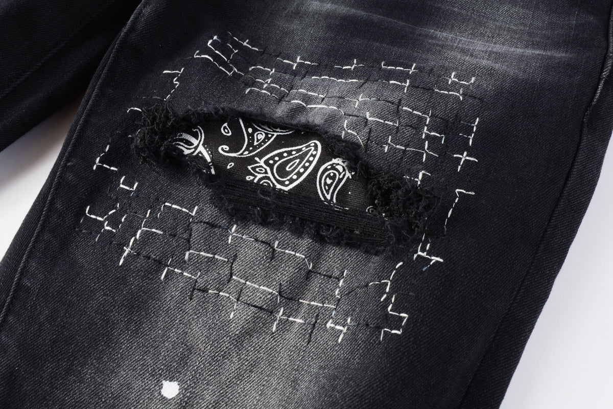PURPLE Men Streetwear Jeans Distressed Black Paint Splash Patch Ripped skinny 9099
