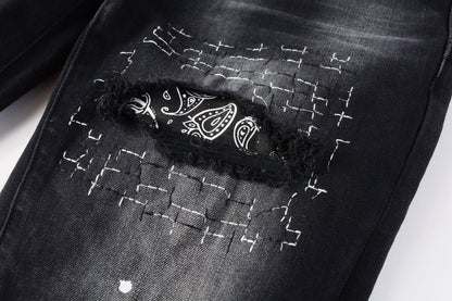 PURPLE Men Streetwear Jeans Distressed Black Paint Splash Patch Ripped skinny 9099