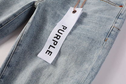 PURPLE Men Streetwear Skinny Jeans Light Blue Wash with Knee Ripped Details and Black Lining 9010