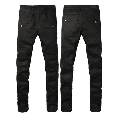 PURPLE Men Streetwear Biker Skinny Jeans Black with Knee Pleats and Zipper Pockets 0964