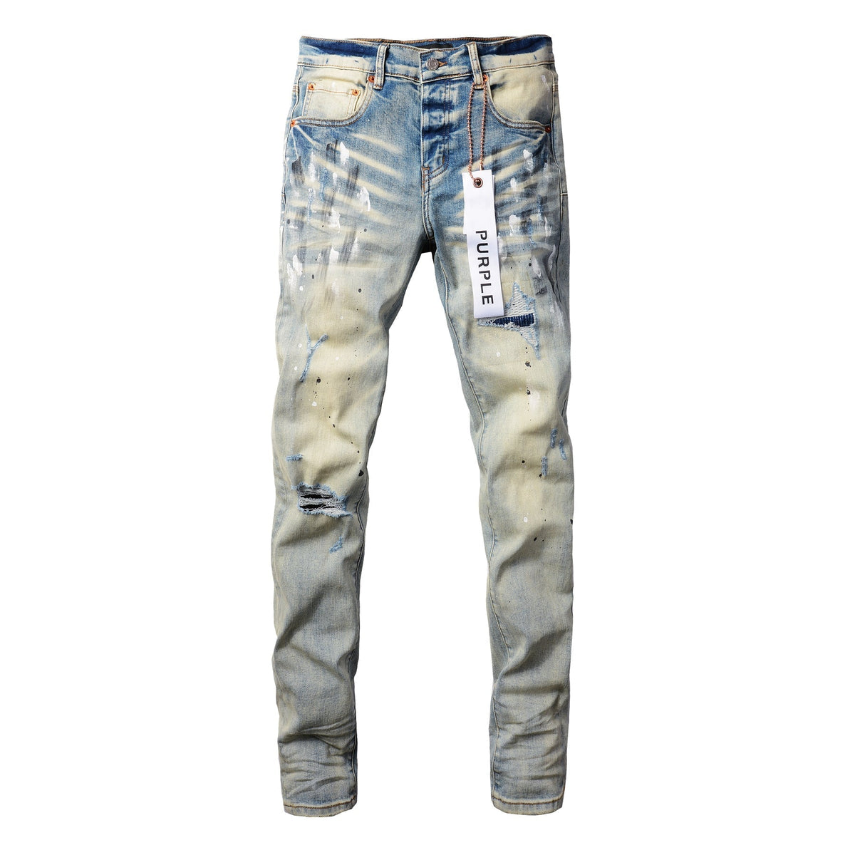 PURPLE Men Streetwear Skinny Jeans Light Blue Wash with White Paint Splatter and Distressed Rips 9007