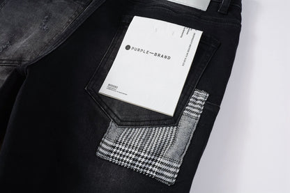 PURPLE Men Streetwear Skinny Jeans Black Wash with Distressed Rips, Checkered Patches and White Paint Splatter 9001