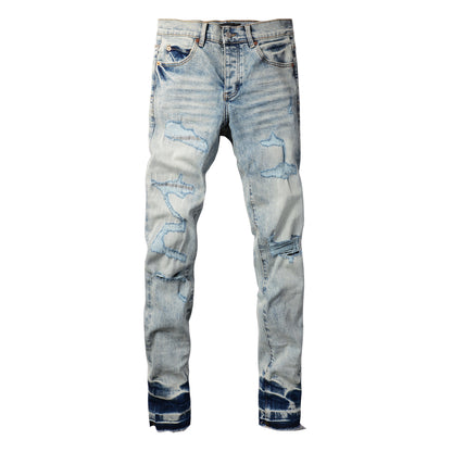 PURPLE Men Streetwear Jeans Distressed Light Blue Abstract Ripped skinny 9093
