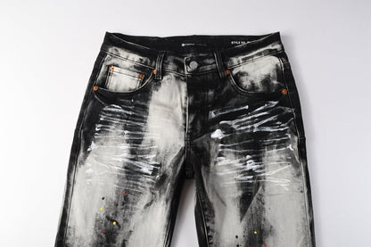 PURPLE Men Streetwear Skinny Jeans Black and White Graffiti Wash with Multi Color Paint Splash 9111