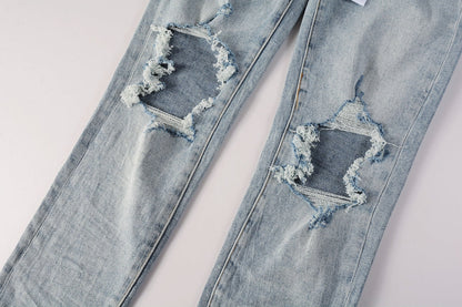 PURPLE Men Streetwear Skinny Jeans Light Blue Wash with Knee Ripped Details and Black Lining 9010