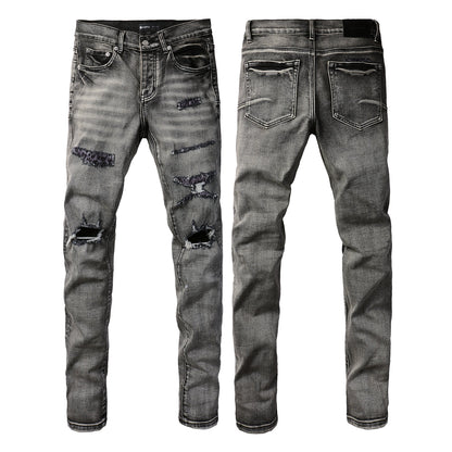 PURPLE Men Classic Streetwear Jeans Distressed Black Grey Ripped skinny 9068