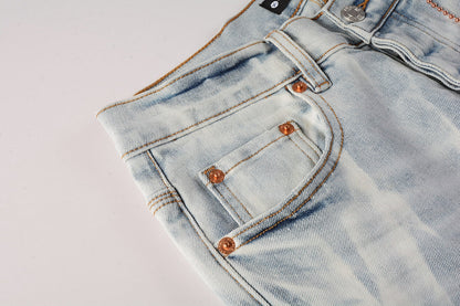 PURPLE Men Streetwear Skinny Jeans Light Blue Wash with White Brushstroke Texture 7017