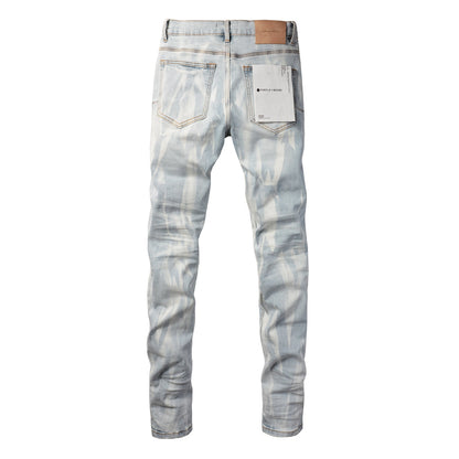PURPLE Men Streetwear Skinny Jeans Light Blue Wash with White Brushstroke Texture 7017