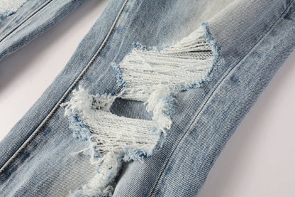 PURPLE Men Streetwear Jeans Light Blue Ripped Graffiti Print Distressed skinny 9101