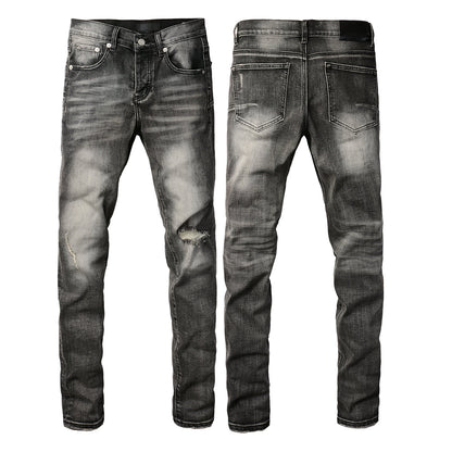 PURPLE Men Classic Streetwear Jeans Distressed Grey Ripped skinny Fit 9103