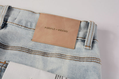 PURPLE Men Streetwear Skinny Jeans Light Blue Wash with White Brushstroke Texture 7017