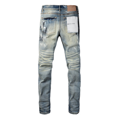 PURPLE Men Classic Streetwear Jeans DistressedBlue Paint Slash Skinny 9037