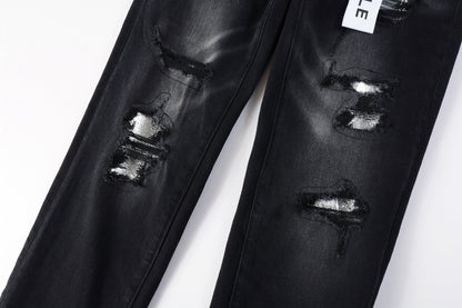 PURPLE Men Streetwear Skinny Jeans Black Wash with Distressed Rips, Checkered Patches and White Paint Splatter 9001