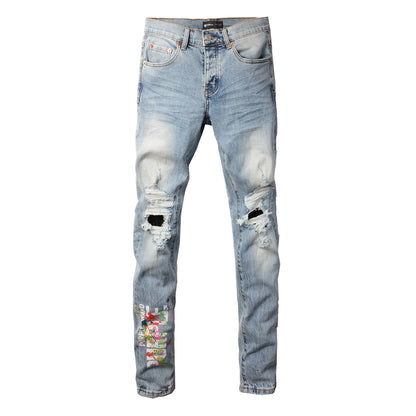 PURPLE Men Streetwear Jeans Light Blue Ripped Graffiti Print Distressed skinny 9101