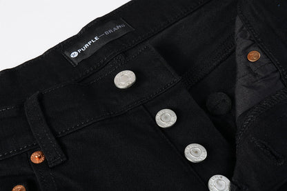 PURPLE Men Streetwear Skinny Jeans Black Wash with All-Over Metallic Gold "P" Print 9008