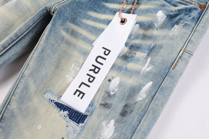 PURPLE Men Streetwear Skinny Jeans Light Blue Wash with White Paint Splatter and Distressed Rips 9007